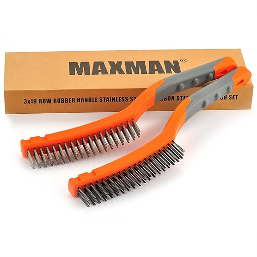 MAXMAN Wire Brushes, Stainless Steel Wire Brush and Carbon Steel Bristles Brush Set, Heavy Duty Wire Brushes for Cleaning Rust, Concrete, Wielding, Paint Removal, 14" Long Plastic Handle, Large,2 Pcs