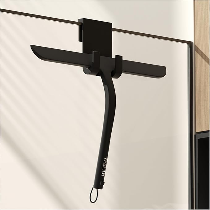 Shower Squeegee for Shower Glass, Bathroom Glass Cleaning Tool with Hook Mount, Squeegee for Glass Doors, Window Cleaning, Tile Shower Walls (Black)