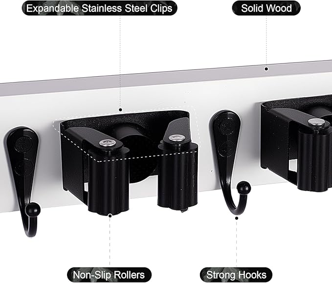 Broom Holder Wall Mount With 5 Slots & 4 Hooks，Rustic Wood Broom & Mop Hanger，Wall Mounted Garden & Garage Tool Storage Organizer Rack for Closet Laundry Room or Kitchen Wall Decor White