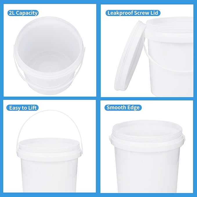 10 Pack Plastic Bucket for Painting, 2 Quart Paint Cans with Lid and Handle, 1/2 Gallon Paint Containers Small Plastic Paint Water Pail All Purpose for Art Crafts Projects Garage Organization (White)