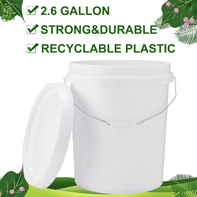 Gerrii 10 Pack White Plastic Bucket with Handle and Lid Food Storage Bucket Containers All Purpose Pail for Multipurpose Paint Water Art Crafts Projects Garage Organization (White,2.6 Gallon)