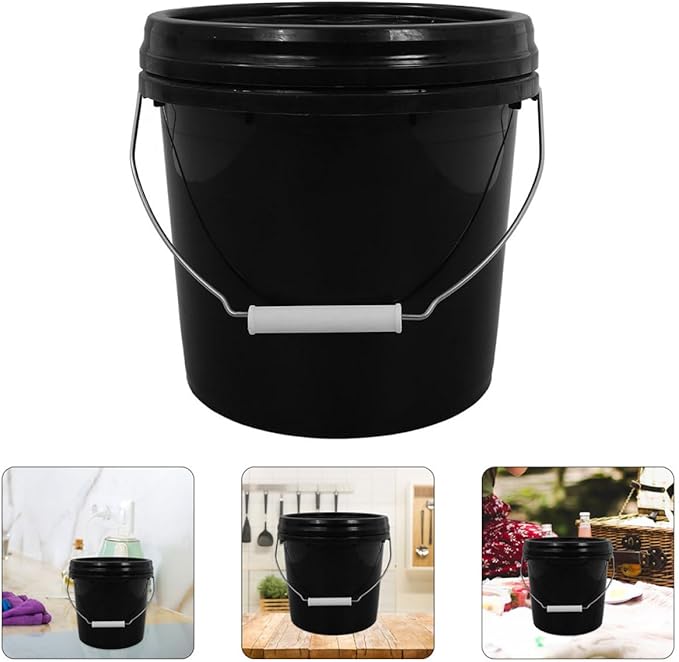 TEHAUX Heavy Duty Plastic Bucket with Lid 5l, Portable Sealed Household Water Container, Thickened Black Pail for Cleaning and Storage
