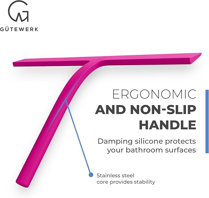 GÜTEWERK Shower Squeegee for Glass Doors, Silicone Window Squeegee, Bathroom and Glass Cleaning - Pink - 11 Inch