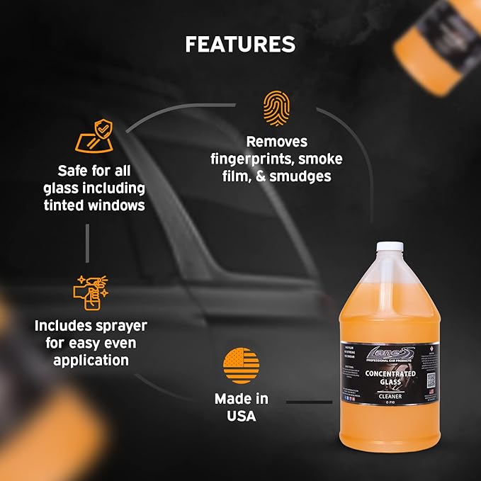 LANE'S Concentrated Auto Glass Cleaner | Tint-Safe Car Windshield, Window Cleaner | Removes Automotive Smoke Film, Fingerprints, & Smudges | Streak-Free, Safe for All Glasses | 128oz