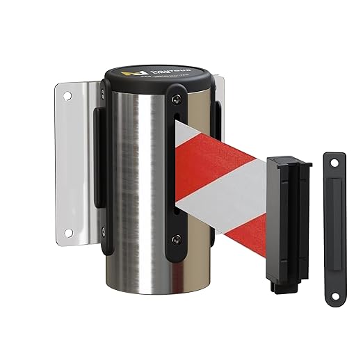 Montour Line WM115 Wall Mounted Retractable Belt Barrier with Standard Belt End, Fixed Mount, Polished Stainless Steel Casing (8.5 ft Red and White Diagonal Belt)