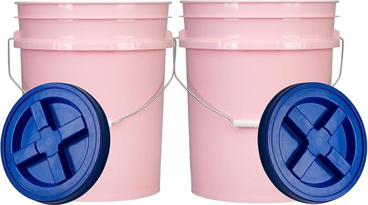 House Naturals Food Grade 5 Gallon Made in USA Plastic Bucket with Air Tight Screw on Lid (Pack of 2) (Pink with Blue Lids)