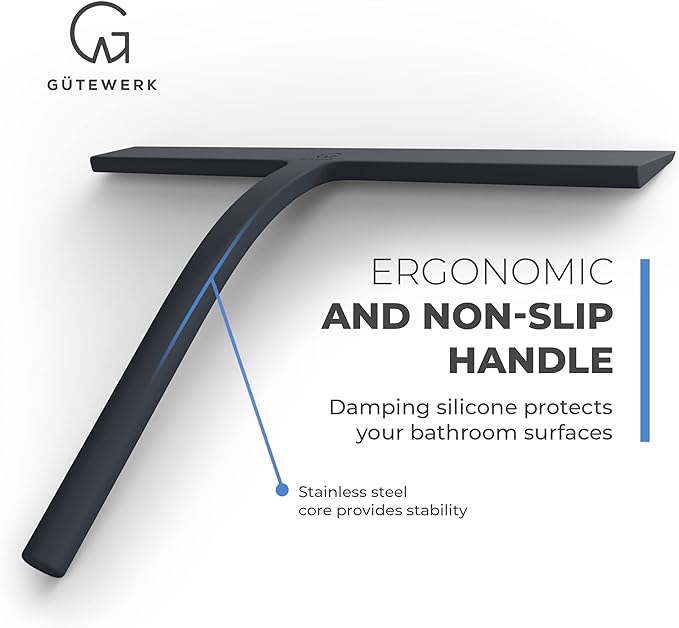 GÜTEWERK Shower Squeegee for Glass Doors, Silicone Window Squeegee, Bathroom and Glass Cleaning - Black - 11 Inch