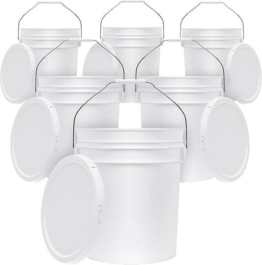 5-Gallon White Bucket Pail Container with Lid | Food Grade | Heavy-Duty 90MIL Extra Durable | Metal Handles with Plastic Grip for Easy Carrying | Multi-Use | Easy Stack and Store | BPA Free - 6 Pack