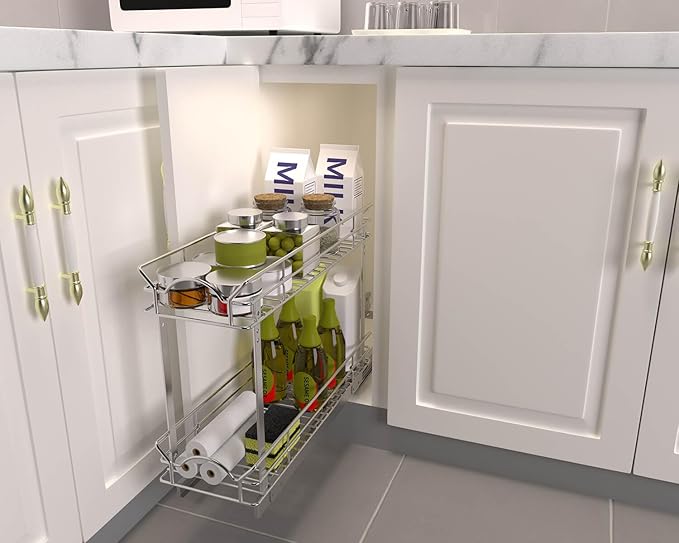 OCG Slide Out Cabinet Organizer for Narrow Cabinet (7" W X 17" D), 2 Tier Pull Out Shelves Slim Sliding Cabinet Organizer and Storage, Chrome