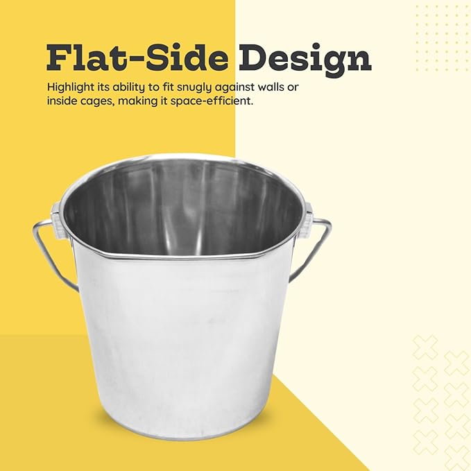 4 quart Stainless Steel Flat Side Bucket | 1 gal Durable Heavy Duty Food & Water Feeding Pails for Birds Dogs Cats Goat | Fits kennels Cages Critter Crates Hanging Pet Pail | Multipurpose