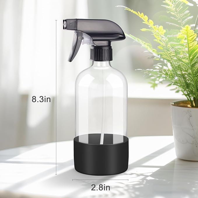 2 Pack Glass Spray Bottles with Silicone Sleeve, 16 oz Empty Refillable Containers with Adjustable Spray Nozzles, Spray Bottles for Hair, Cleaning Solutions and Plants Black&Grey