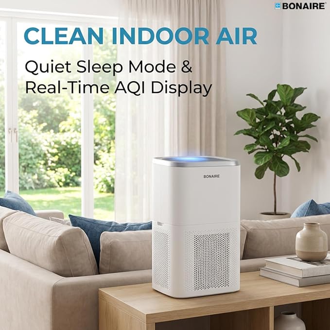 Bonaire A4S Air Purifier with True HEPA13 Filtration, 3-in-1 Filter System, PM2.5 Sensor, Auto & Sleep Modes, Wi-Fi App Control, Large Room Coverage, White