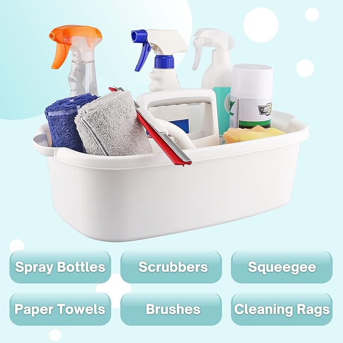 Cleaning Caddy Organizer with Handle, White Plastic Bucket for Cleaning Supplies Products, Cleaning Tool Storage Tote, 2 Pack
