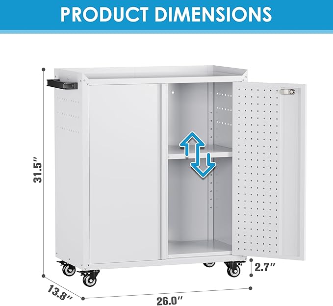 SUXXAN Metal Storage Cabinet with 2 Doors and 4 Hooks,34" H Top Workbench Mobile Tool Chests Garage Cabinets with 4 Wheels and Lock/Push Arm for Home,Office,Shop(White)