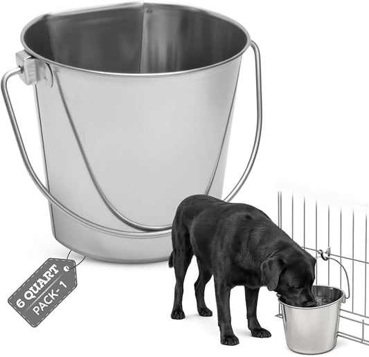 6 Quart Stainless Steel Flat Side Bucket | Durable Heavy Duty Food & Water Feeding Pails for Dog Cat Goat Sheep | Fits kennels Cages Critter Crates Hanging Pet Pail | Multipurpose Buckets