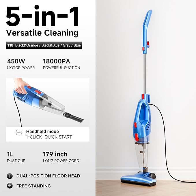Corded Stick Vacuum Cleaner - Lightweight, Powerful Suction with 450W Motor, 3-in-1 16.4Ft Cord Vacuum Cleaners for Home, Hard Floor, Carpet, Pet Hair Deep Blue