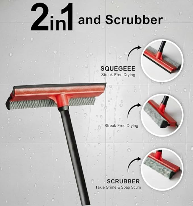 2Pcs Window Squeegee with Long Handle, 2-in-1 Window Cleaner Tool, Glass Door Cleaner, Multi-Use Car Windshield Cleaning Cleaning for Indoor Outdoor Car Window High Glass Shower Gas Station