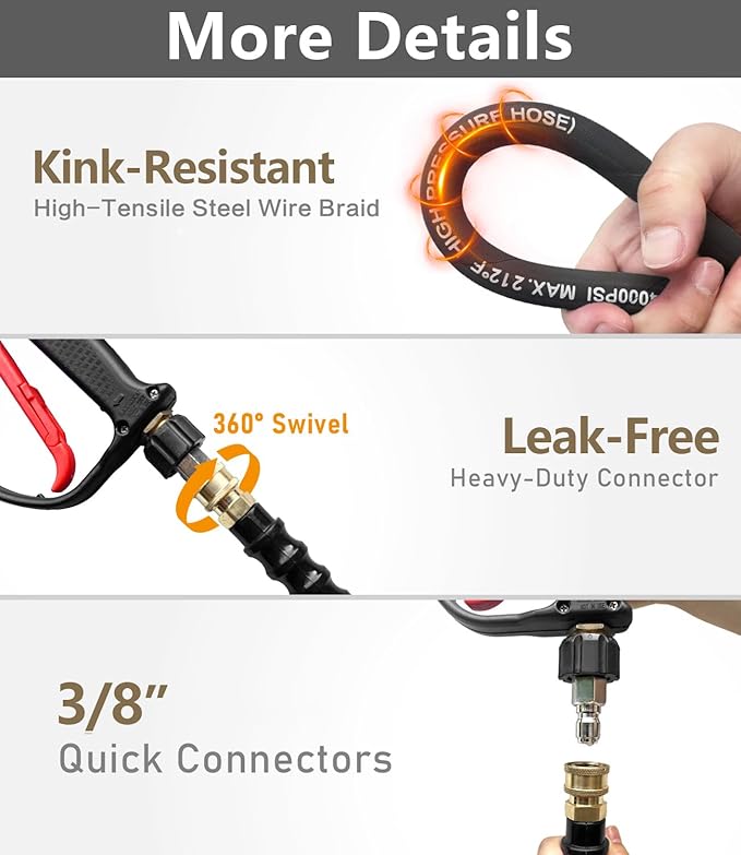 Pressure Washer Hose 100FT 4000 PSI, Kink Resistant Steel Braided Layer & NonMarking Rubber for Hot/Cold Water, High Power Washer Hose With 3/8 Inch Quick Connect & M22 Fitting, Black