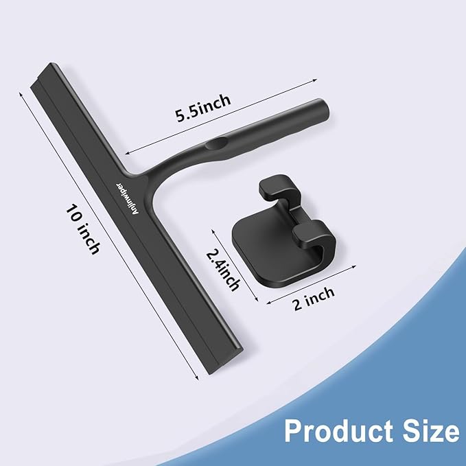 Household Squeegee for Shower Glass Doors, Silicone Shower Squeegee with Adhesive Hook, Bathroom Squeegee for Shower, Window Cleaner Tool for Glass Door, Kitchen, Tile Wall(10 inch-Black)