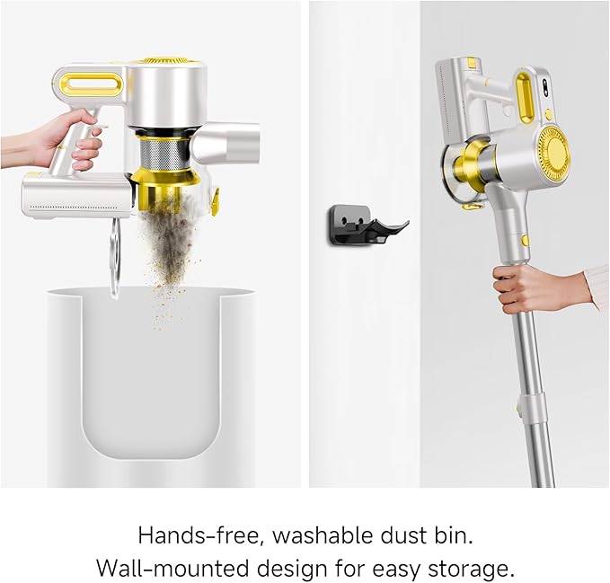 Cordless Vacuum Cleaner for Home, Powerful Stick Vacuum with Rechargeable Battery, Green Light Anti-Tangle Brush, 6-in-1 Lightweight Handheld Vacuum for Pet Hair, Hard Floor, Carpet, Yellow
