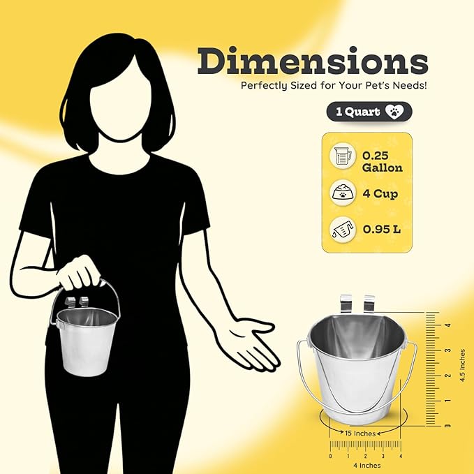 1 Quart Stainless Steel Flat Sided Bucket with Dual Hooks | 4 Pcs Durable Food & Water Bowl for Dog Cat Bird & Small Animals | Fits kennel Cage Crates Farm Hanging Pet Pail | Multipurpose