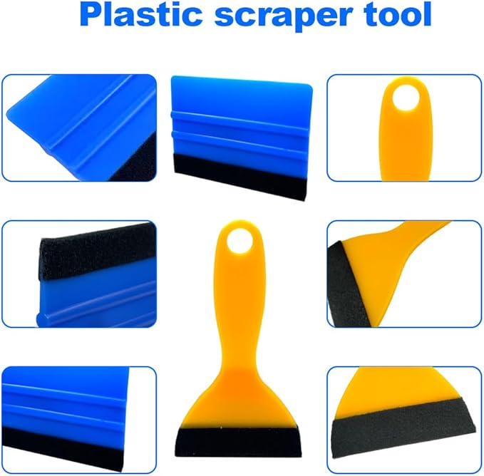 Black Felt Edge Squeegee Tool,Car Vinyl Film Wrapping Decal Glass Window Tint,Wallpaper Sticker Installation Spatula, Patching Putty Paint Flexible Small Plastic Scraper(Blue 5Pcs,Yellow 5Pcs)