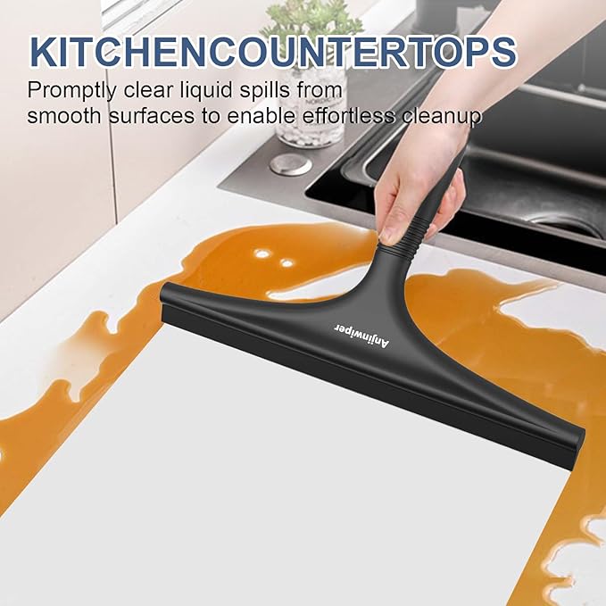 All-Purpose Shower Squeegee for Glass Doors with Hook, Silicone Squeegee for Shower Glass, Shower Doors, Windows, Bathroom, Mirrors and Tiles（10 inch, Black）