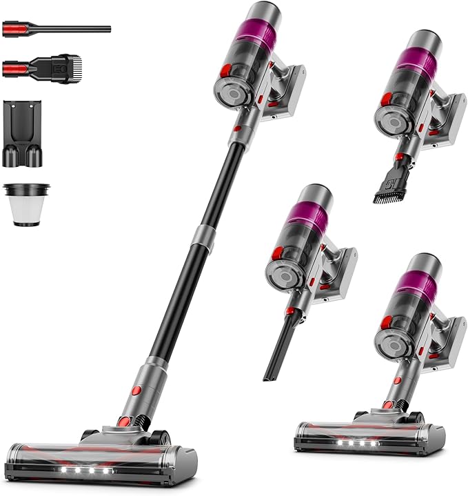 Cordless Vacuum Cleaner: Portable 6-in-1 Stick Vacuum with Anti-Tangle Brush, LED Headlight, Self-Standing, HD display, Rechargeable Vacuum for Pet Hair, Low-Pile Carpet and Hardwood Floor-Purple