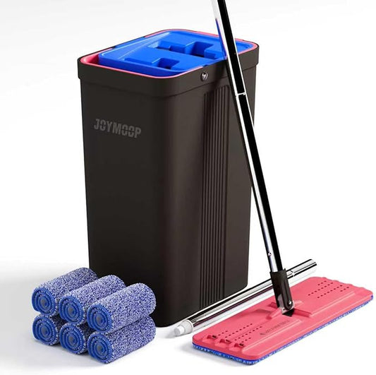 JOYMOOP Mop and Bucket with Wringer Set, Hands Free Flat Floor Mop and Bucket, with 6 Washable Microfiber Pads, Wet and Dry Use, Floor Cleaning System - Black+Red+Slate Blue