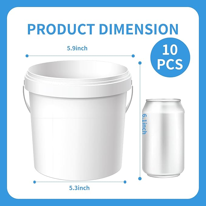 10 Pack Plastic Bucket for Painting, 2 Quart Paint Cans with Lid and Handle, 1/2 Gallon Paint Containers Small Plastic Paint Water Pail All Purpose for Art Crafts Projects Garage Organization (White)