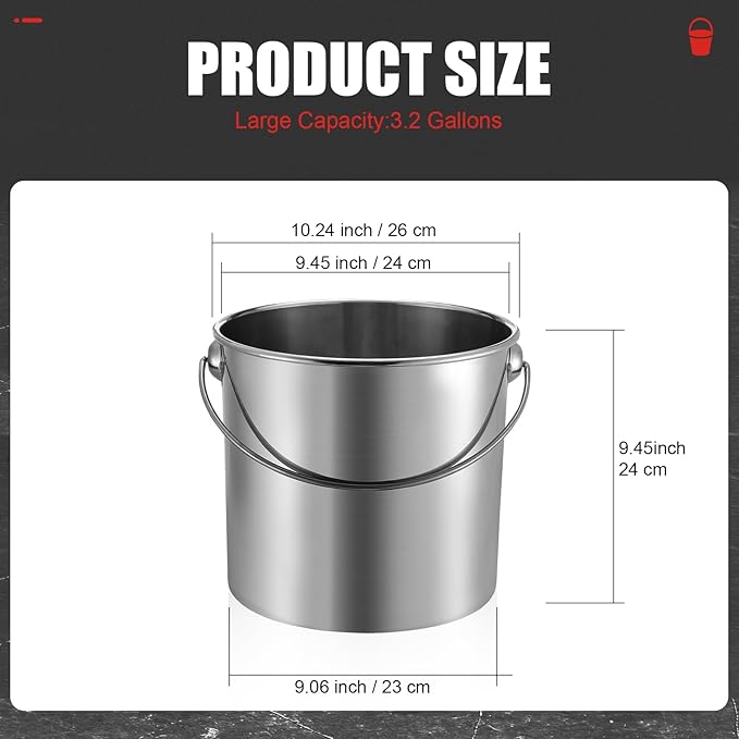Hsei 2 Pcs Stainless Steel Bucket for Pet Cleaning, 3.2 Gallon Metal Bucket Water Pail with Handle for Fence Kennel Cage Garage Garden Workshop