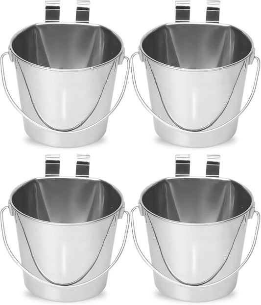 2 Quart Stainless Steel Flat Sided Bucket with Dual Hooks | 4 Pcs Durable Food & Water Bowl for Dog Cats Bird & Small Animals | Fits kennel Cage Crates Hanging Pet Pail | Multipurpose use