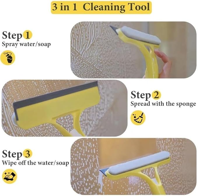 3 in 1 Spray Window Squeegee Cleaner Scraper, Window Squeegee Cleaner Tool with Spray Bottle for Shower Glass, Mirrors, Car, Home Window Cleaner Tool (Yellow)