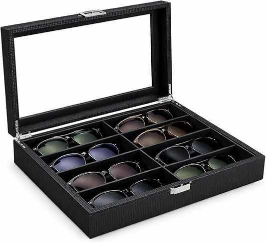BEWISHOME Glasses Organizer for Men, Sunglasses Organizer, 8-Slot Sunglasses Storage Case with Large Clear Glass Lid, PU Leather Lined Eyewear Display Box