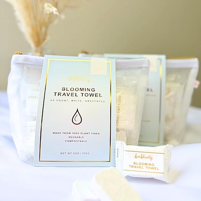 Bonblissity Compressed Face Towel Tablets for Travel, Reusable Portable Compact, Expandable Water-Activated Hand Washcloths, Mini Travel Essentials for Women (2-Pack, 20 pcs each, 11.8" x 9.4")