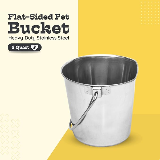 2 quart Stainless Steel Flat Side Bucket | 0.5 gal Durable Heavy Duty Food & Water Feeding Pails for Small Pet Birds Dog Cat | Fits kennel Cages Critter Crates Hanging Pail | Multipurpose