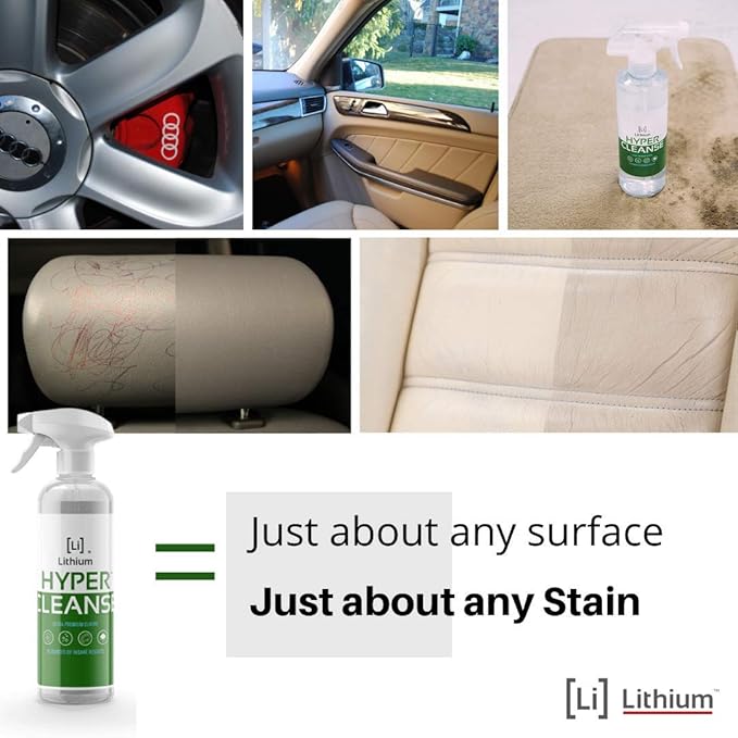 Lithium Hyper Cleanse Car Interior Cleaner - Car Cleaner Interior for Leather, Plastic, Carpet, Vinyl, and Tesla Vegan Leather - Solvent Free Interior Car Cleaner - Car Cleaning Spray (16 Oz)