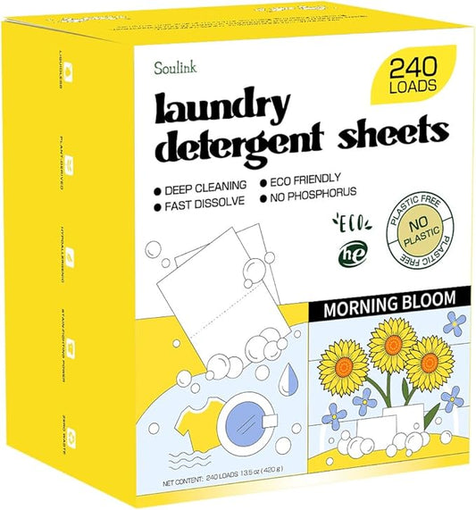 Soulink Laundry Detergent Sheets, 240 Loads - Eco-Friendly, Plant-Based, Hypoallergenic, No Plastic Jug (Morning Bloom Scent)