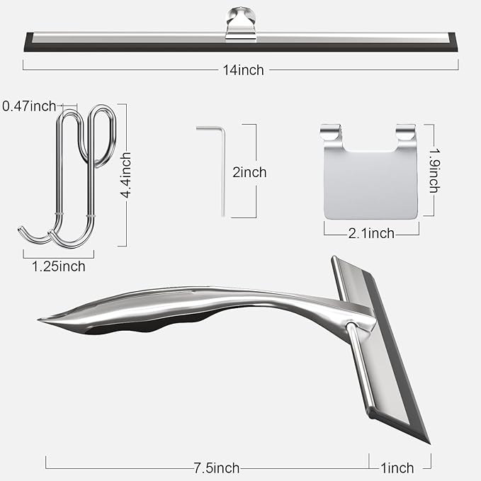 TOOVEM 14 Inch Shower Squeegee for Glass Doors, Window, Bathroom, Car Windshield, Shower Cleaning Tools with S Hook, Square Sticky Hook (Silver)