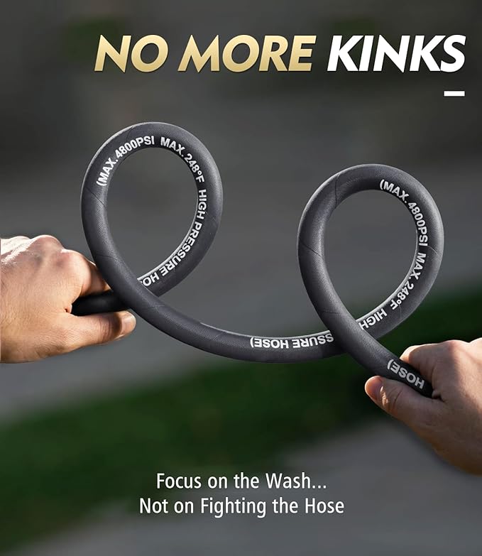 3/8" 4800PSI Pressure Washer Hose 150FT with 360° Swivel Quick Connect, Flexible & Kink Resistant Steel Wire Braided & Durable for Hot/Cold Water, High Power Washer Hose With M22 14mm Adapter