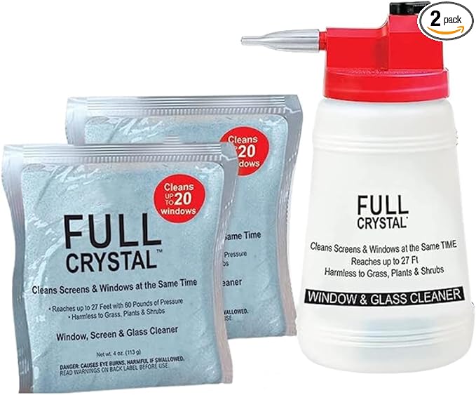 Full Crystal Window Cleaning Kit – 8 oz Glass Cleaner and Bottle with 27 ft Reach, Each 4 oz Bag Makes Up to 640 fl oz, Cleans Up to 40 Windows, Scrub-Free, Rinse-Free