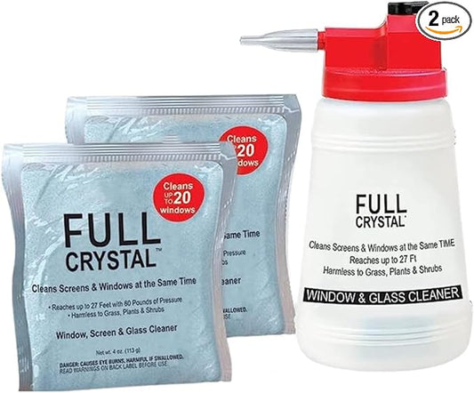 Full Crystal Window Cleaning Kit – 8 oz Glass Cleaner and Bottle with 27 ft Reach, Each 4 oz Bag Makes Up to 640 fl oz, Cleans Up to 40 Windows, Scrub-Free, Rinse-Free