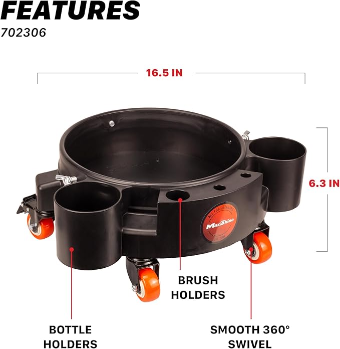 Maxshine Universal Rolling Bucket Dolly (Black) – Heavy-Duty Polypropylene with 5 Swivel Wheels, 5 Bottle & Brush Holders – Secure Fit, Spill-Free Design for Car Wash & Auto Detailing Organization