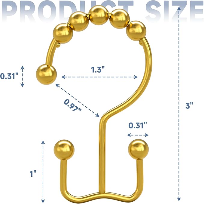 Titanker Shower Curtain Hooks Rings Gold, Metal Double Glide Shower Hooks Rings for Bathroom Shower Rods Curtains, Set of 12 Hooks - Dark Gold