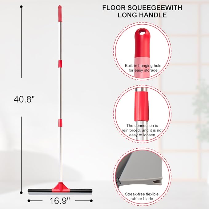 17" Heavy Duty Floor Squeegee with 40.8 Inch Long Handle, Suitable for Bathroom Tiles, Garage Concrete Floors, Shower Glass & Windows Cleaning