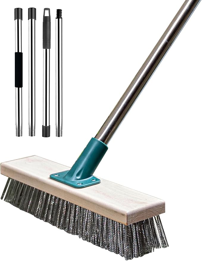 Stainless Steel Wire Brush with Long Handle Deck Broom Brush Floor Scrubber Brush for Cleaning Outdoor Broom for Moss, Tough Stains on Concrete, Grout, Garden, Garage, Patio, Swimming Pool