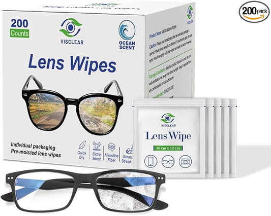 Lens Wipes for Eyeglasses, 200 Counts, Extra Moist Individually Wrapped Eyeglass Cleaner Wipes, Safe from Scratches and Streak, Glass Wipes for Eyeglasses, Camera Lens & Electronic Screens