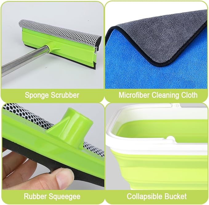Window Cleaning Kit, Squeegee with Bucket for Windshield Cleaning, Bathroom, Shower Doors, Mirrors, Tiles, and Car Windows (Green)
