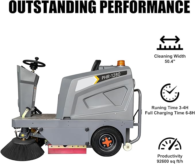 Commercial Ride On Floor Sweeper Machine, 50.4” Cleaning Width, 800W Brushless Motor, Lithium Battery Powered Industrial Sweeper for Warehouse Garage Road School Hospital，Gray