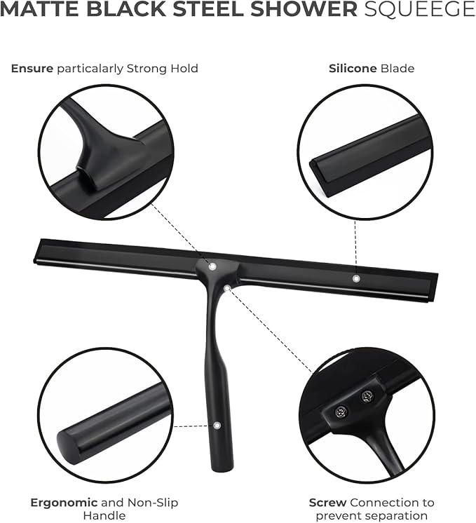 Matte Black Shower Squeegee for Glass Doors with Adhesive Hooks, Squeegee for Shower Glass, Cleaner Tool for Bathroom Household Window Mirror Tile Wall Car, 10 Inch Black